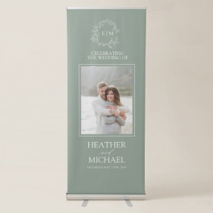 Modern Sage Green Leafy Crest Monogram Wedding Retractable Banner