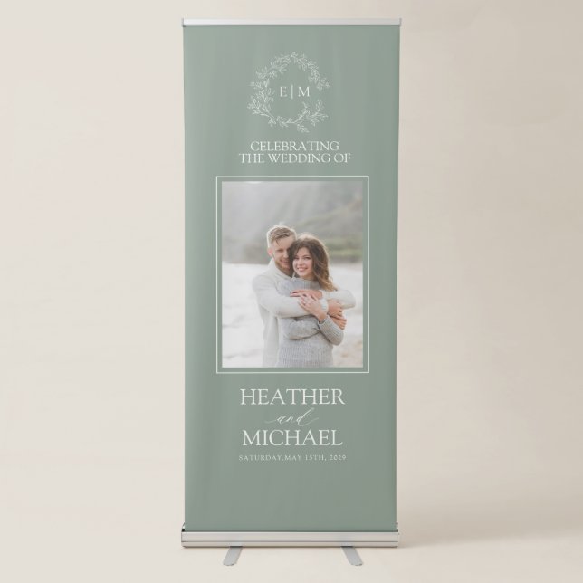 Modern Sage Green Leafy Crest Monogram Wedding Retractable Banner (Front)