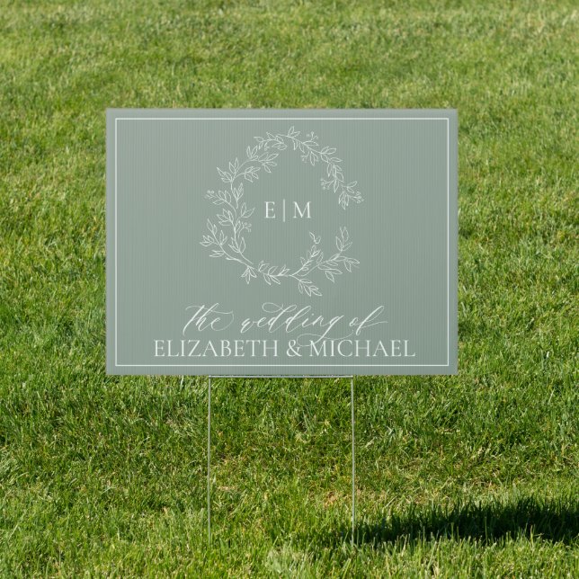 Modern Sage Green Leafy Crest Monogram Wedding Sig Sign (Insitu)