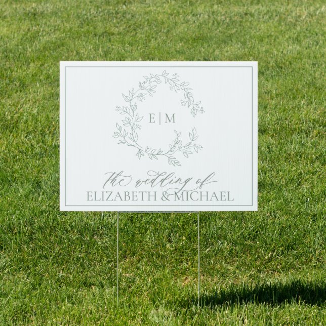 Modern Sage Green Leafy Crest Monogram Wedding Sign (Insitu)