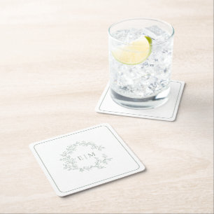 Modern Sage Green Leafy Crest Monogram Wedding Square Paper Coaster