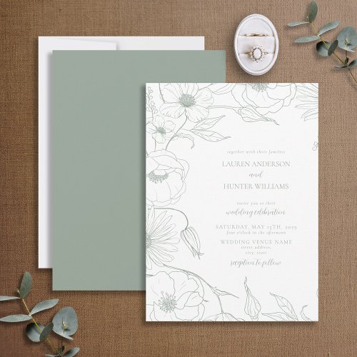 Modern Sage Green Line Art Floral Wedding Invitation