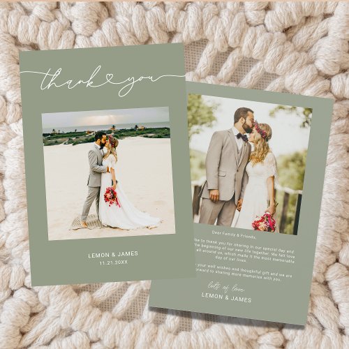 Modern Sage Green Love Heart Script Wedding Photo  Thank You Card