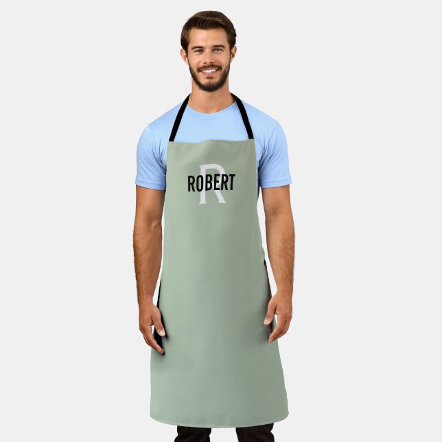 Modern sage green man monogram name apron (Worn)