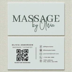 Modern Sage Green Massage Therapist QR Code Business Card