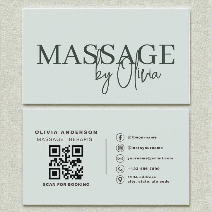 Modern Sage Green Massage Therapist QR Code Business Card