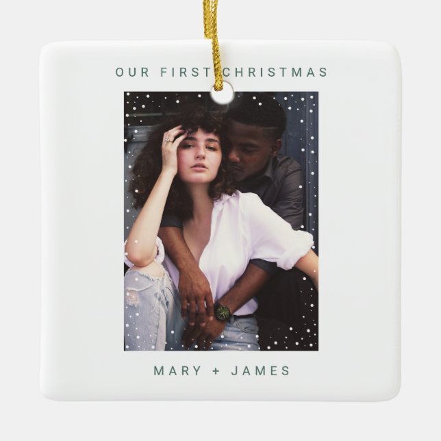 Modern Sage Green | Merry and Married Photo Ceramic Ornament (Front)