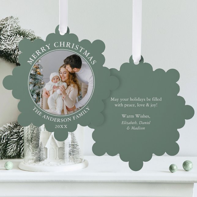 Modern Sage Green Merry Christmas Photo Ornament Card (A greeting card that is also an ornament! Customize with your photo and personalized text.)