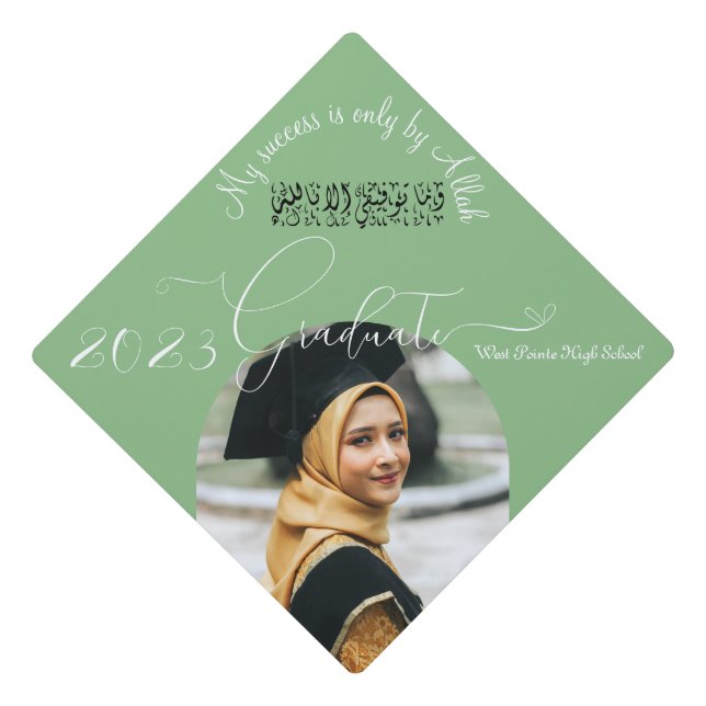 Modern Sage Green Minimal Calligraphy Muslim Graduation Cap Topper (Front)
