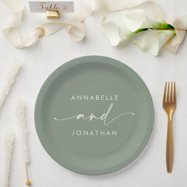 Modern sage green minimal contemporary wedding paper plates (Wedding)