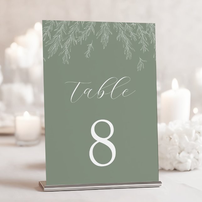 Modern Sage Green Minimal Leaves Wedding Table Number (Creator Uploaded)