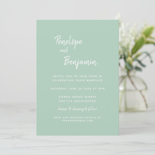 Modern Sage Green Minimal Script Wedding Elegant Invitation (Standing Front)