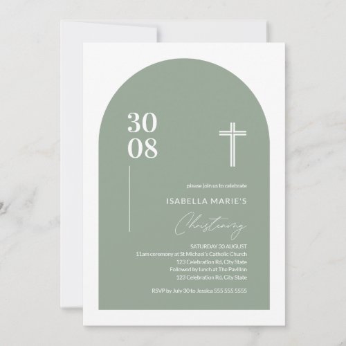 Modern Sage Green Minimalist Arch Christening Invi Invitation