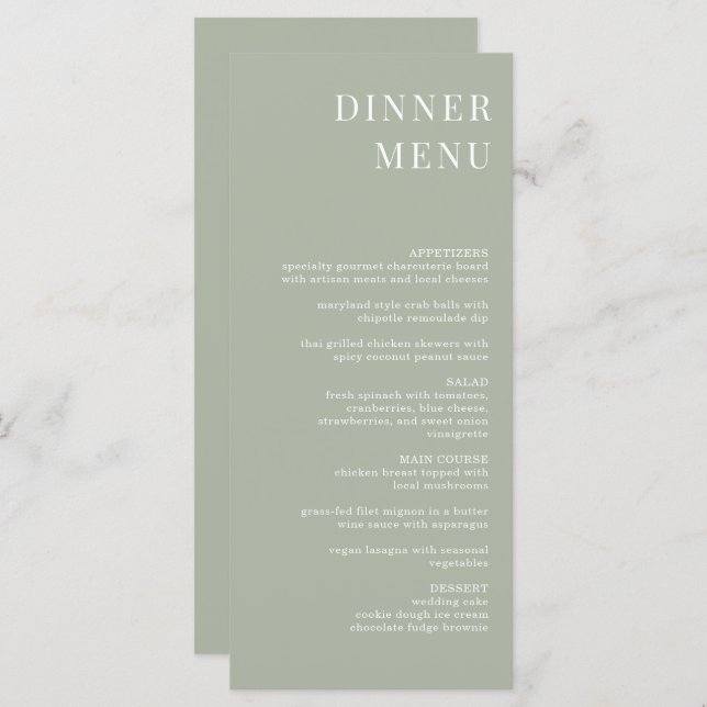 Modern Sage Green Minimalist Dinner Menu (Front/Back)