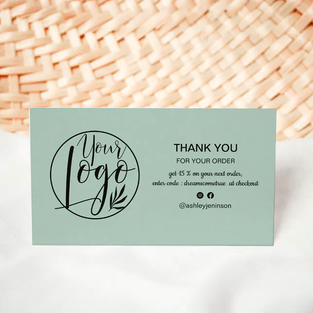 Modern sage green minimalist logo order thank you business card | Zazzle