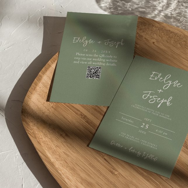 Modern Sage Green Minimalist QR Code Wedding Invitation (Creator Uploaded)