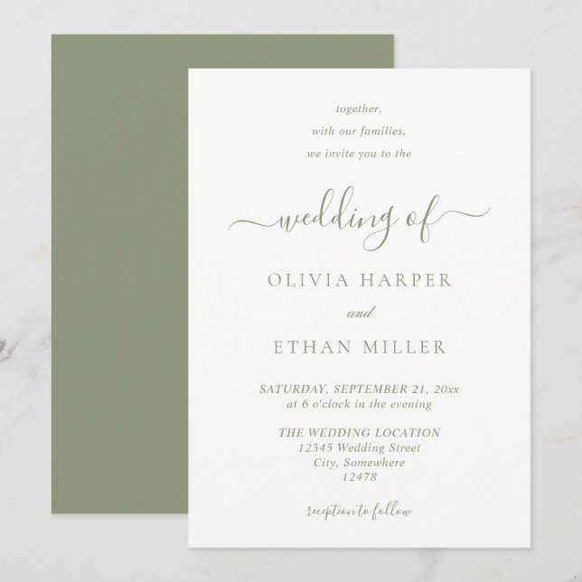 Modern Sage Green Minimalist Wedding Invitation (Front/Back)