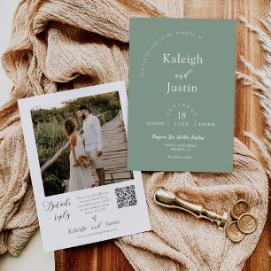 Modern Sage Green Minimalist Wedding Photo QR Code Invitation