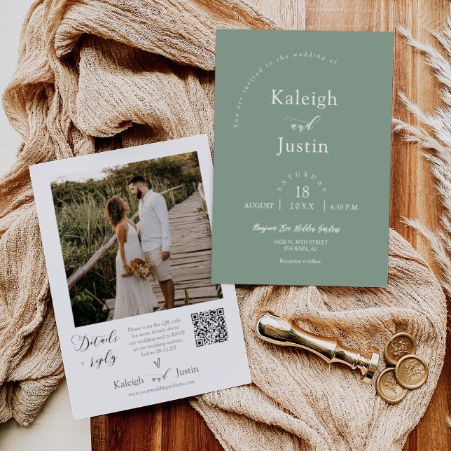 Modern Sage Green Minimalist Wedding Photo QR Code Invitation (Creator Uploaded)