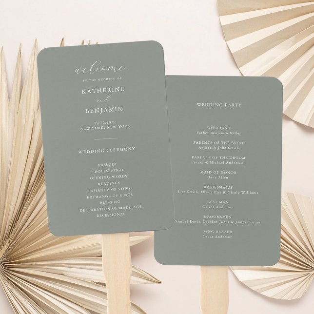 Modern Sage Green Minimalist Wedding Program Hand Fan (Creator Uploaded)