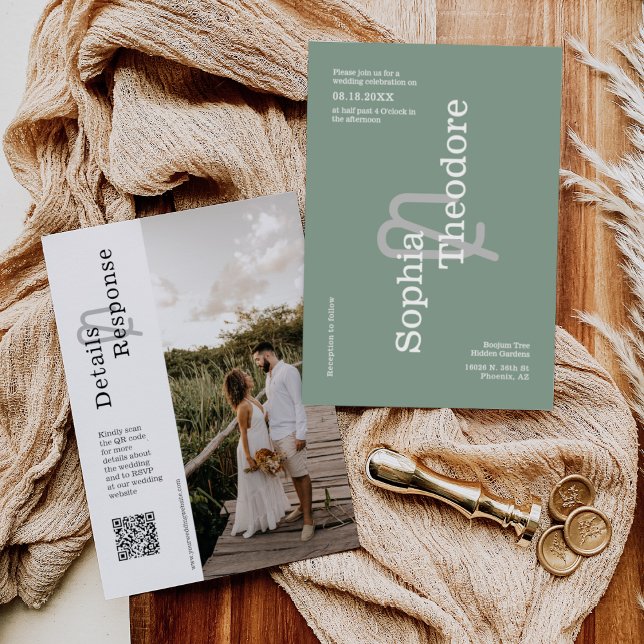 Modern Sage Green Minimalist Wedding QR Code Photo Invitation (Creator Uploaded)