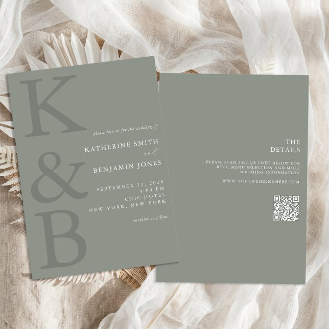 Modern Sage Green Monogram All in One Wedding Invitation (Creator Uploaded)