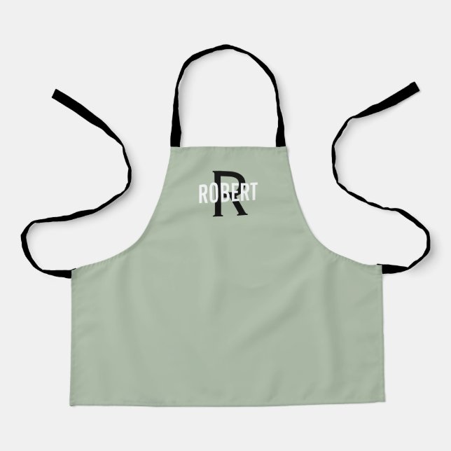 Modern sage green monogram boy name apron (Front)