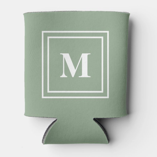 Modern Sage Green Monogram Can Cooler (Front)
