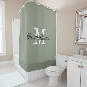 Modern Sage Green Monogram Family Name Shower Curtain