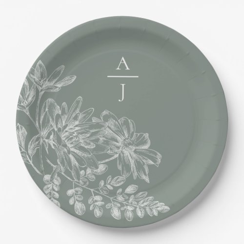 Modern Sage Green Monogram Floral Paper Plate