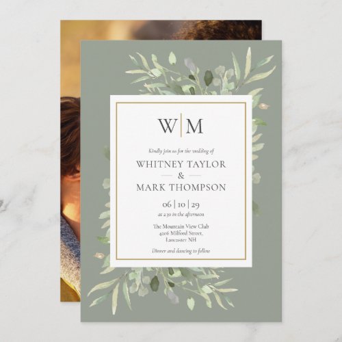 Modern Sage Green Monogram Greenery Photo Wedding Invitation