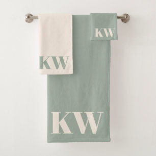 Modern Sage Green Monogram Initials Personalized Bath Towel Set