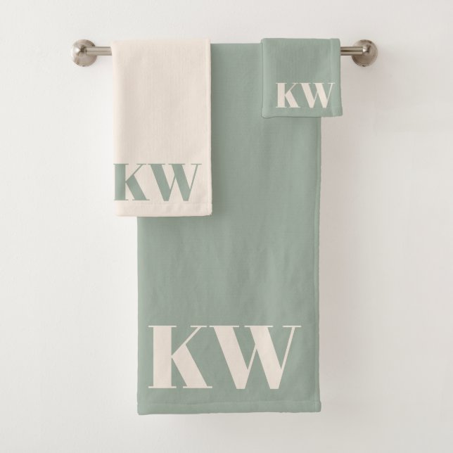 Modern Sage Green Monogram Initials Personalized Bath Towel Set (Insitu)