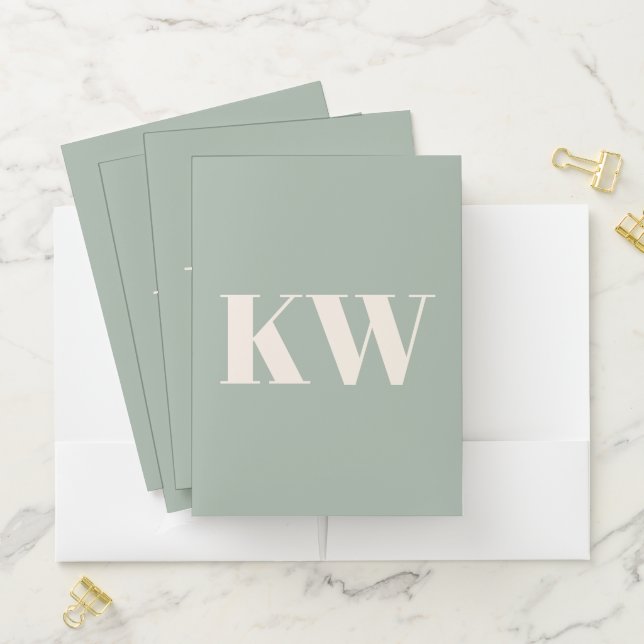 Modern Sage Green Monogram Initials Personalized Pocket Folder (In Situ)