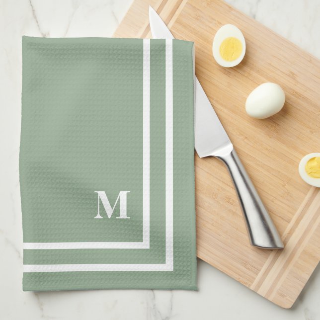 Modern Sage Green Monogram  Kitchen Towel (Quarter Fold)