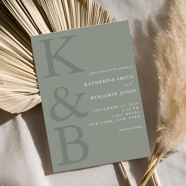 Modern Sage Green Monogram Minimalist Wedding Invitation (Creator Uploaded)