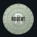 Modern sage green monogram name dart board<br><div class="desc">Modern sage green dart board with a black name and white monogram. Personalize with name and initial.</div>