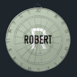 Modern sage green monogram name dart board<br><div class="desc">Modern sage green dart board with a black name and white monogram. Personalize with name and initial.</div>