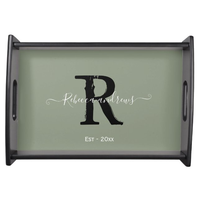 Modern Sage Green Monogram Name Script Established Serving Tray (Front)