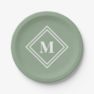Modern Sage Green Monogram Paper Plates