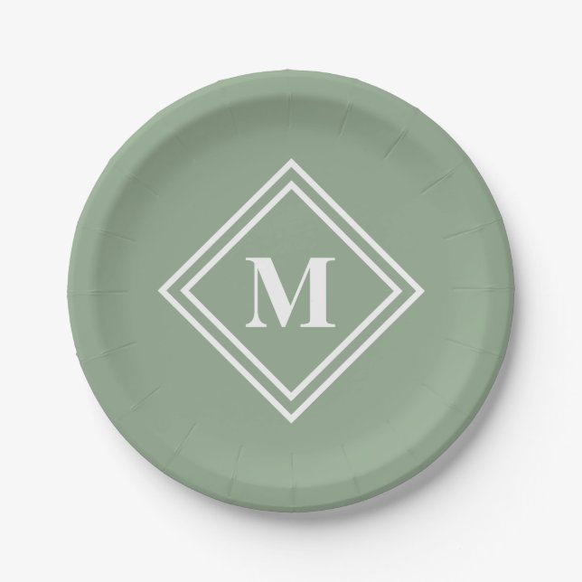 Modern Sage Green Monogram Paper Plates (Front)