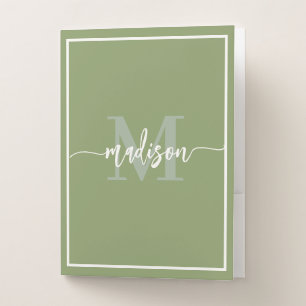Modern Sage Green Monogram Script Name Pocket Folder