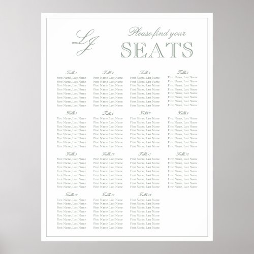 Modern Sage Green Monogram Script Wedding Seat Poster