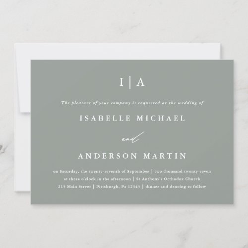 Modern Sage Green Monogram Wedding Invitation