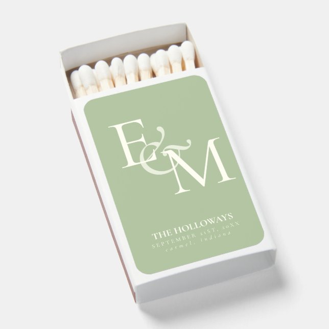 Modern Sage Green Monogram Wedding Matchboxes (Front Open)