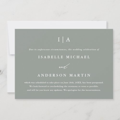 Modern Sage Green Monogram Wedding Postponement Announcement