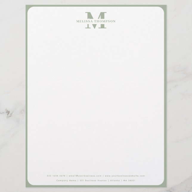 Modern Sage Green Monogrammed Letterhead (Front)