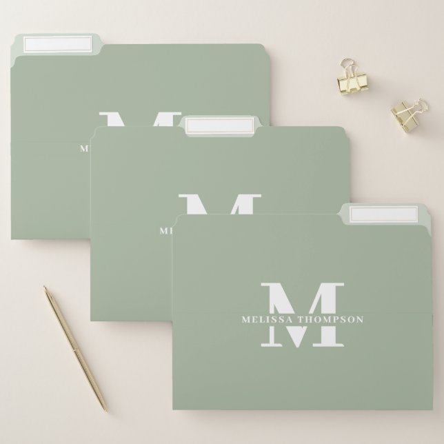 Modern Sage Green Monogrammed Organization File Folder (Set)