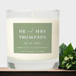 Modern Sage Green MR & MRS Wedding  Scented Candle<br><div class="desc">A perfect sage green wedding personalized candle gift makes the special day even more memorable. Customized with the names of Mr. and Mrs. and the wedding date, this scented soy wax candle adds a unique touch to your gift. Perfect as a keepsake or a gift for the newlyweds, this wedding...</div>