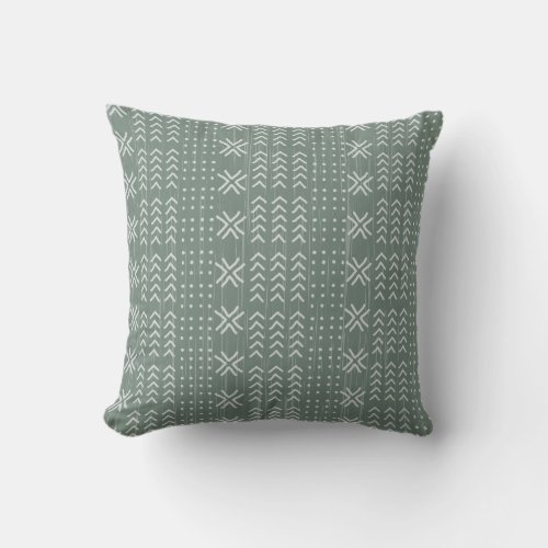 Modern Sage Green Mud cloth African Pattern Throw Pillow
